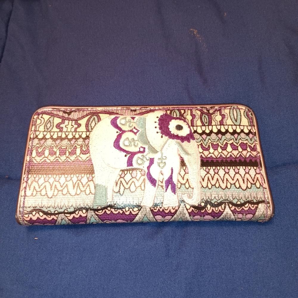 Sakroots Snap Close Slim Elephant One World Bifold Wallet Purple Pink